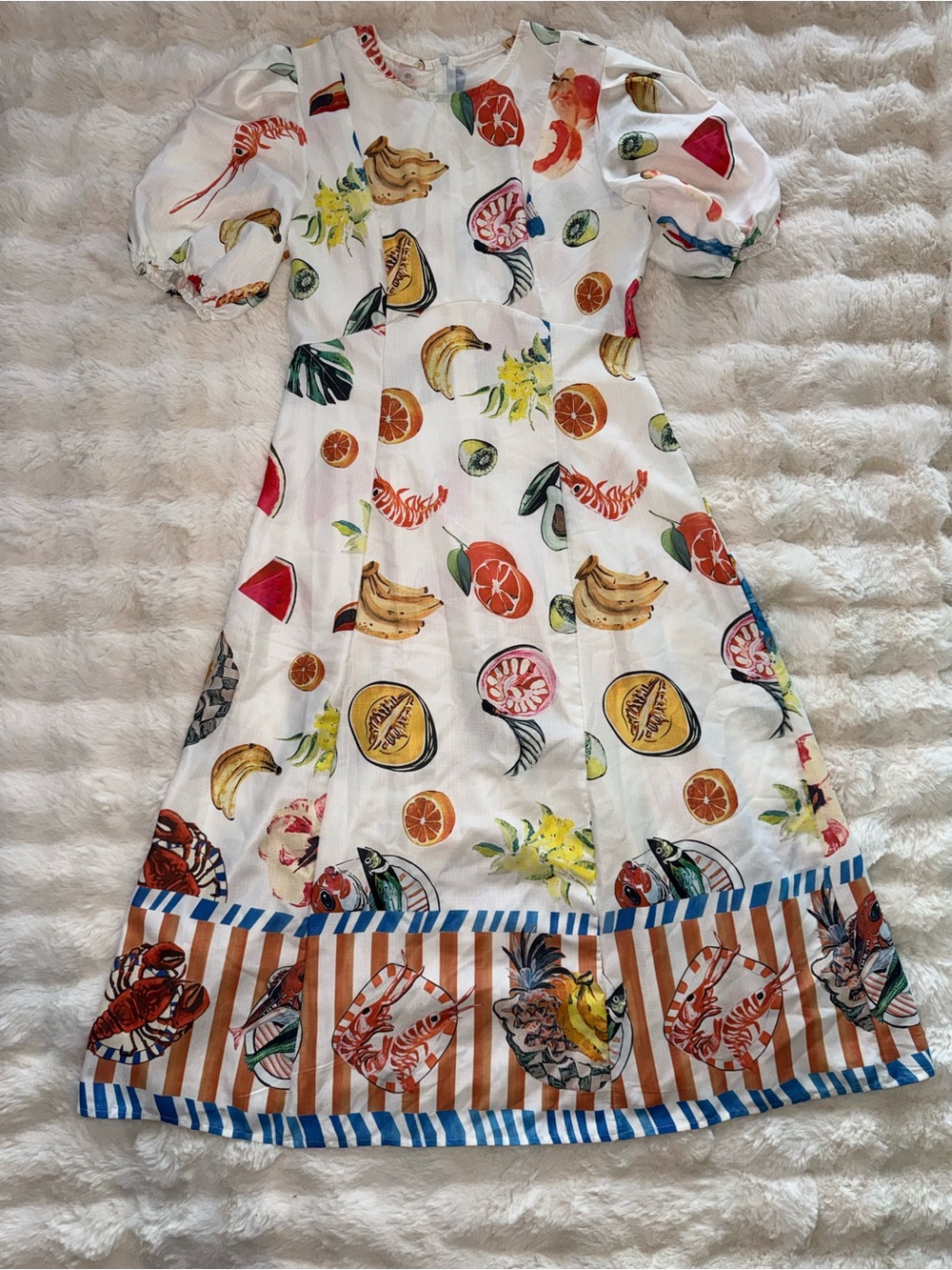 Source Unknown White Midi Dress with Multicolor Fruit and Stripe Print